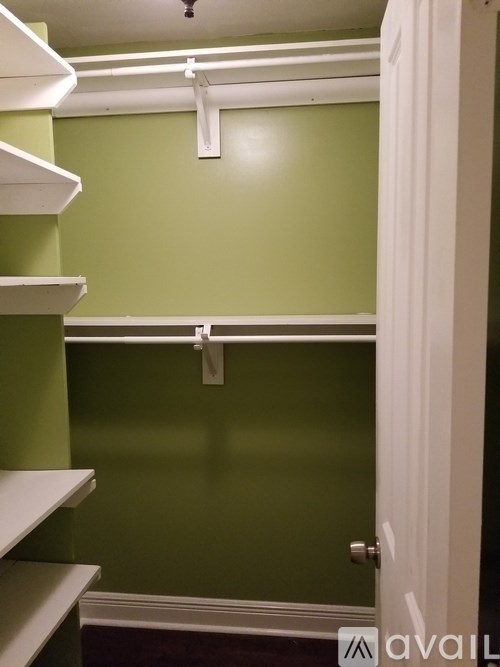 A white door with a silver handle is open.