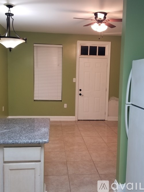 A kitchen with green walls and a white door.