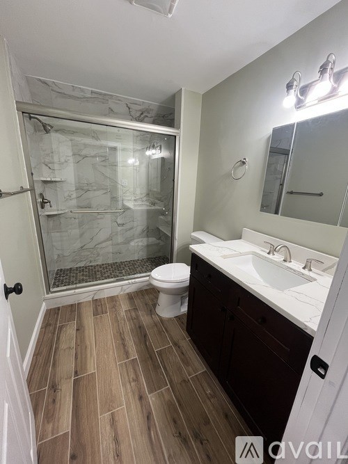 A bathroom with a toilet, sink, and walk-in shower.