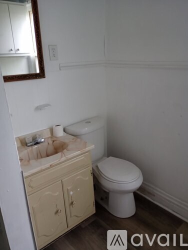 A white toilet sits next to a sink in a small bathroom.