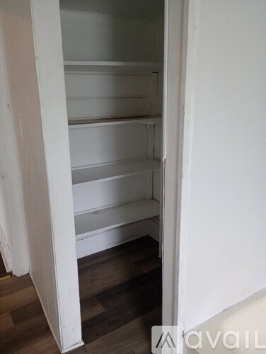 A white closet with shelves and a wooden floor.