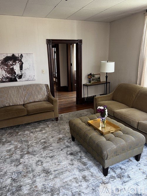 A living room with a grey rug and a brown couch.