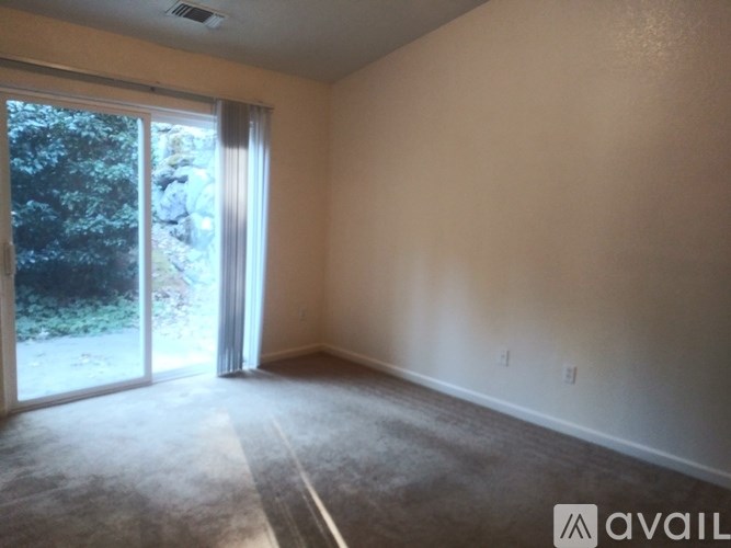 A room with a carpeted floor and a sliding glass door leading outside.