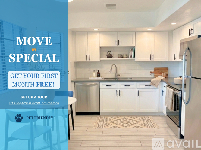 A modern kitchen with a promotion for a free first month.
