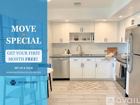 A modern kitchen with a promotion for a free first month.
