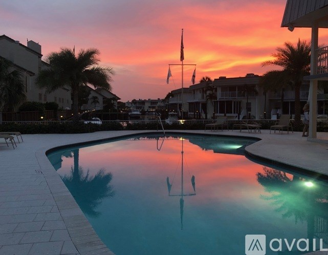 A pool with a sunset in the background and palm trees.