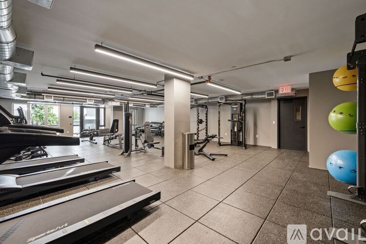 A gym with treadmills, weights, and exercise balls.