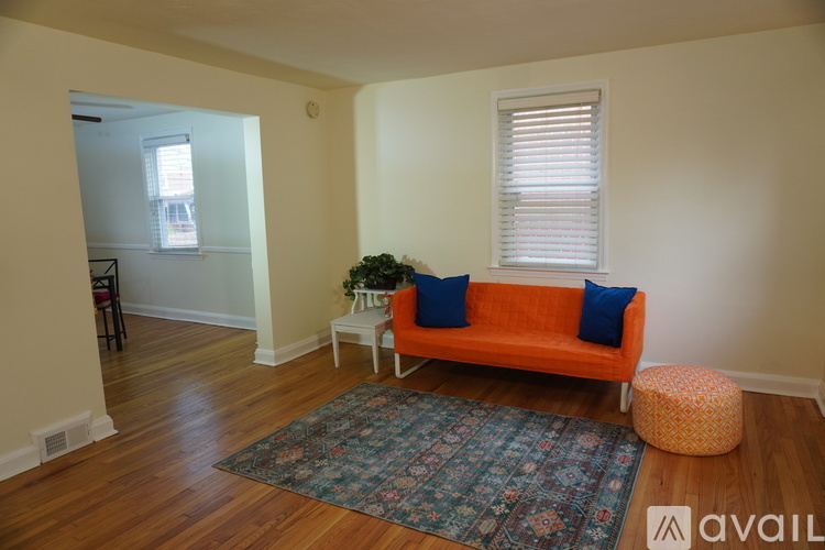 A living room with a couch, chair, and rug.