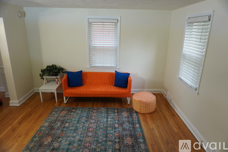 A living room with a couch, a small table, and a rug.