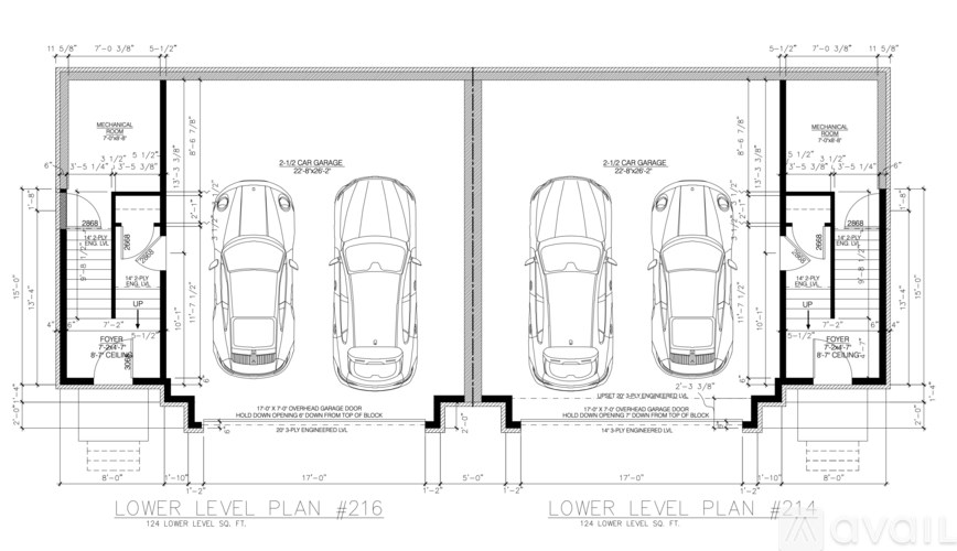 Two lower level plans for a car garage are shown.