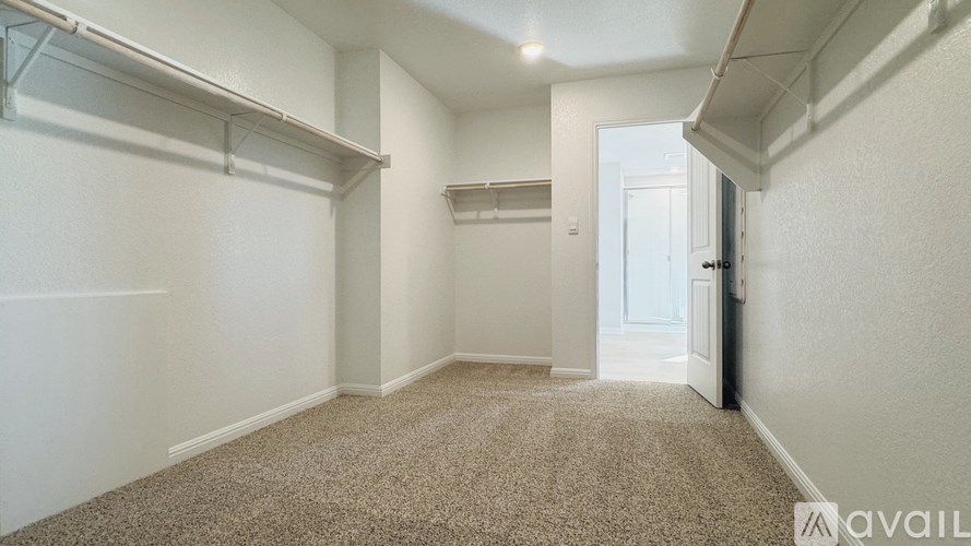 A room with a carpeted floor and two windows.