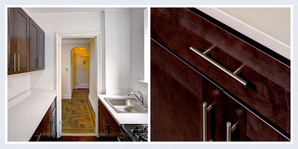 a before and after picture of a kitchen with wood cabinets and a sink
