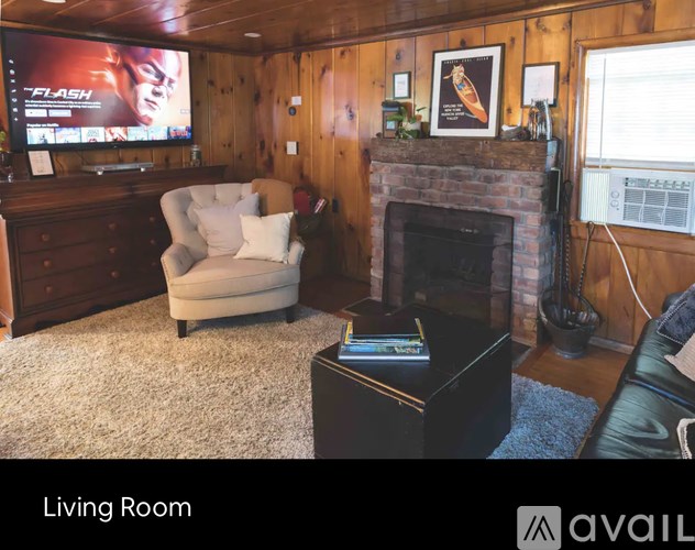 A living room with a fireplace and a TV.