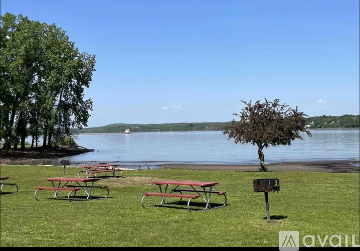 Picnic tables are set up on a grassy area near a lake.