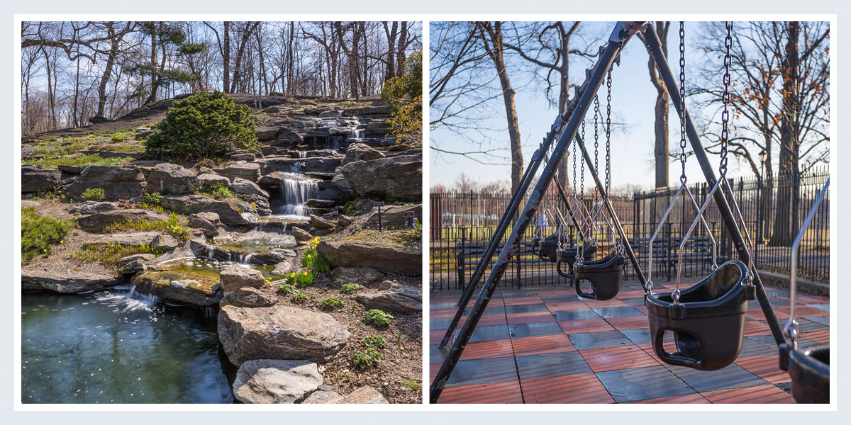 two pictures of a park with a water feature and a swing set