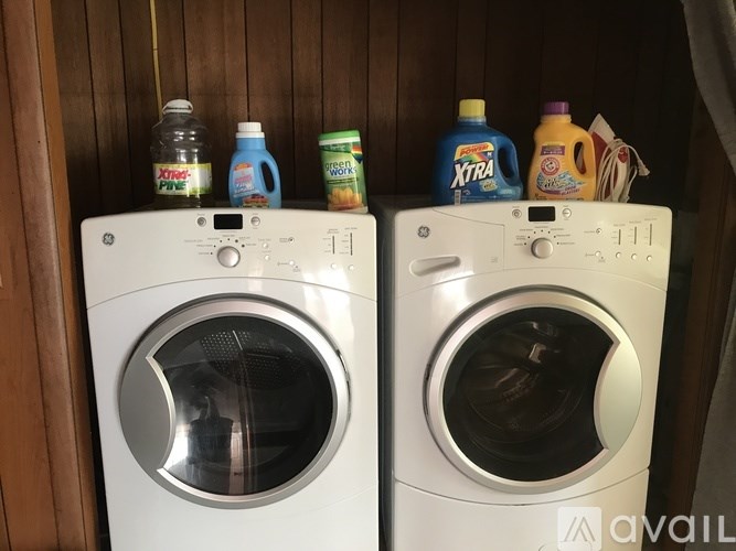 Two front loading washing machines with bottles of detergent on top.