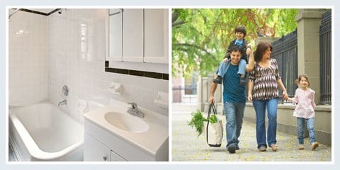 a woman and two children walking in a bathroom and a kitchen with a sink