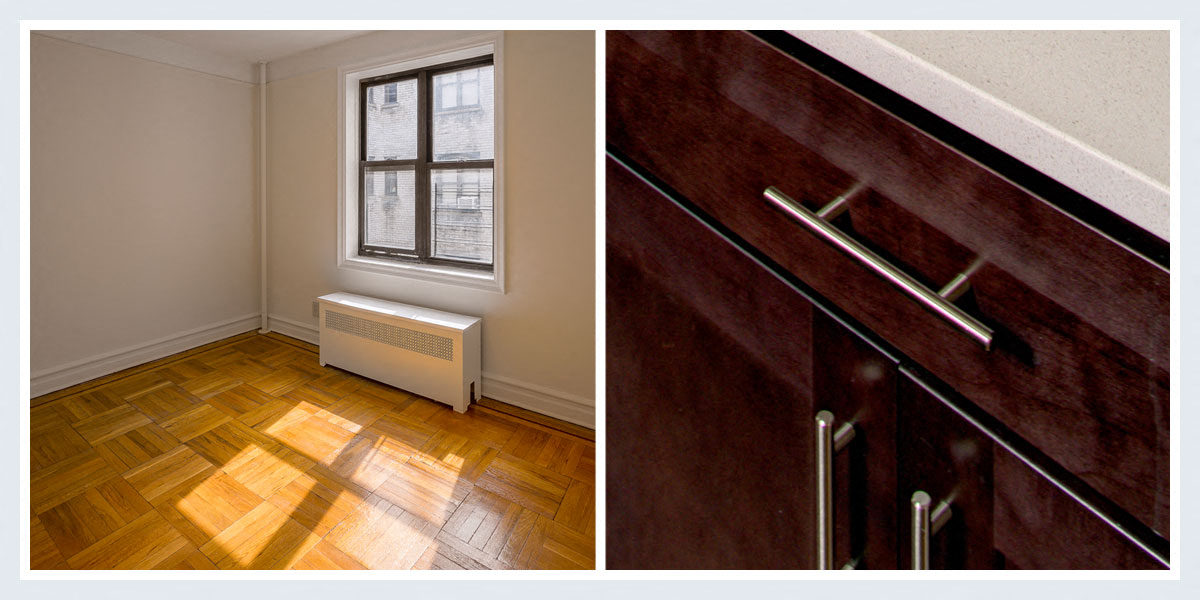 two views of a room with wood flooring and a window