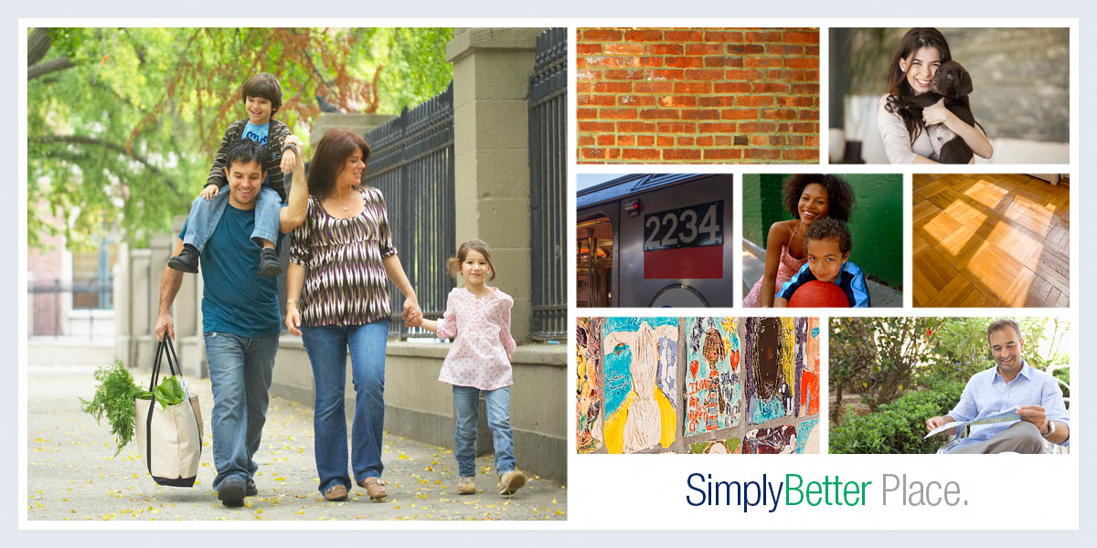 a collage of family walking down the street and talking on the phone