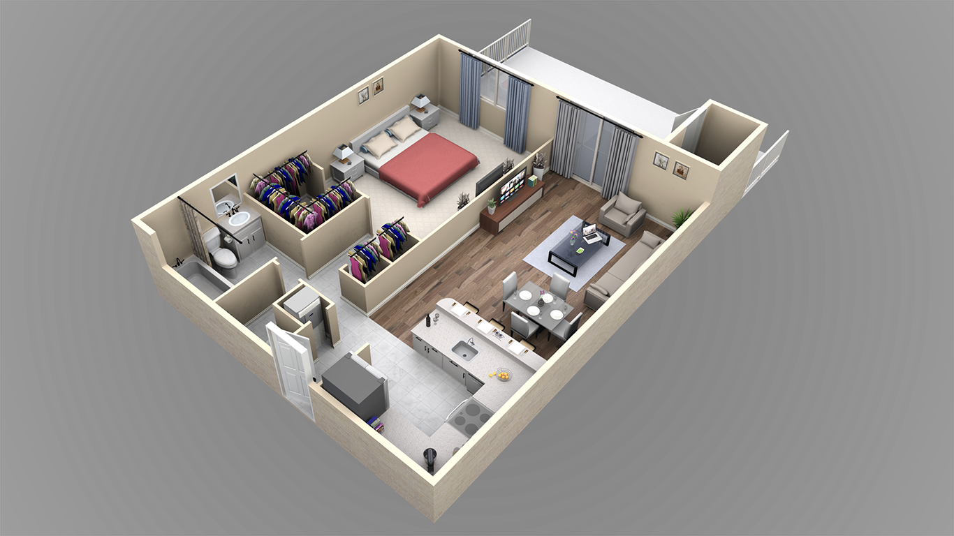 1 br floor plan 3D Veridian Townhomes apartments Melbourne, FL 32935 1 bedroom 3D