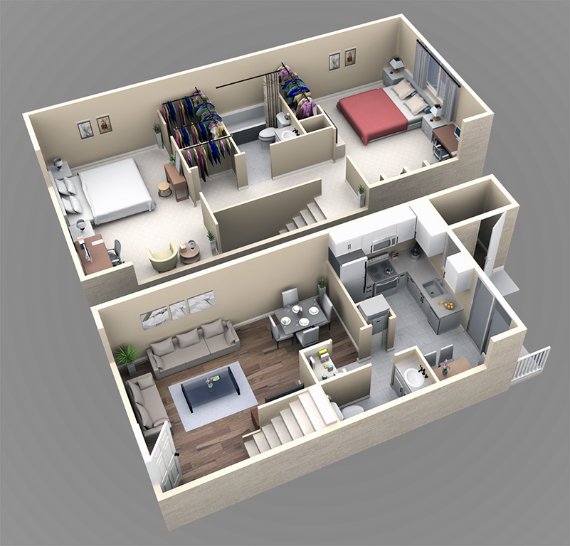 2 br floor plan 3D Veridian Townhomes apartments Melbourne, FL 32935 2 bedroom 3D