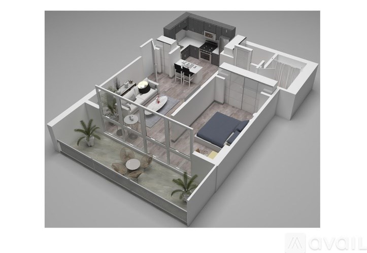 A 3D rendered image of a modern house interior.