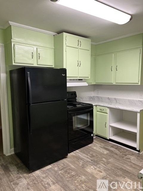 A black refrigerator stands in a kitchen with green cabinets.
