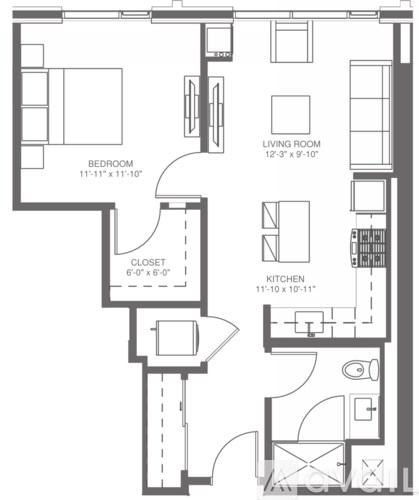 A black and white image of a floor plan for a home with a bedroom, living room, kitchen, and closet.