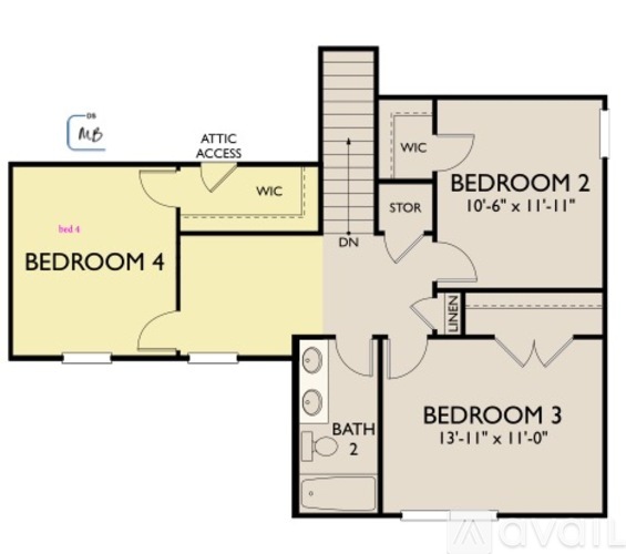 A floor plan of a house with four bedrooms and a bathroom.