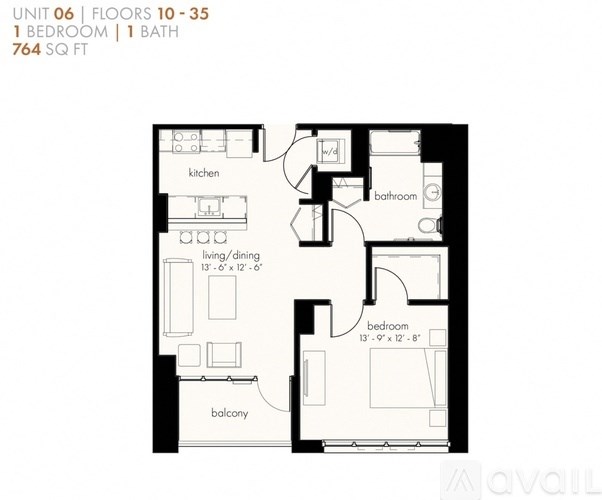 A floor plan of a one bedroom apartment with a balcony and a living/dining area.
