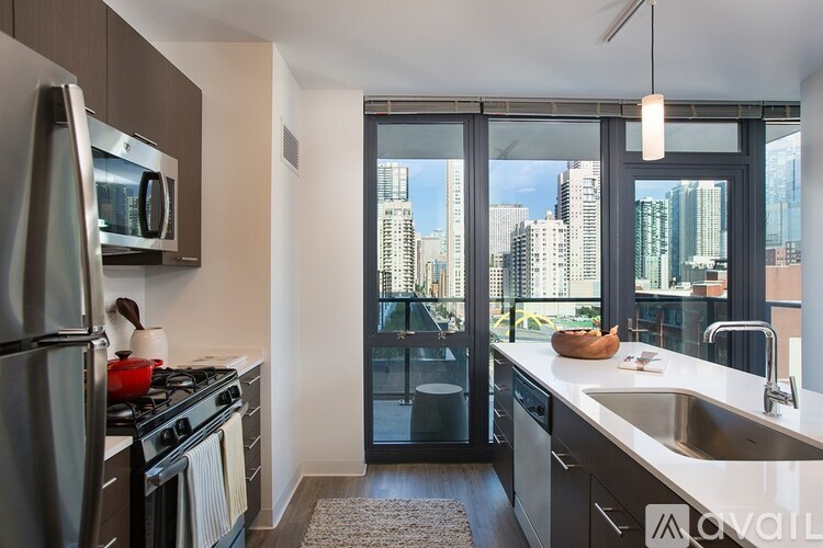 A modern kitchen with a view of the city.