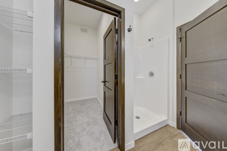 A bathroom with a walk-in shower and a wooden door.