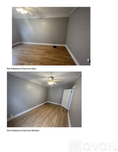 Two images of a north bedroom, one from the door and one from the window.