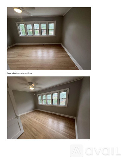 Two images of a south bedroom from the door.