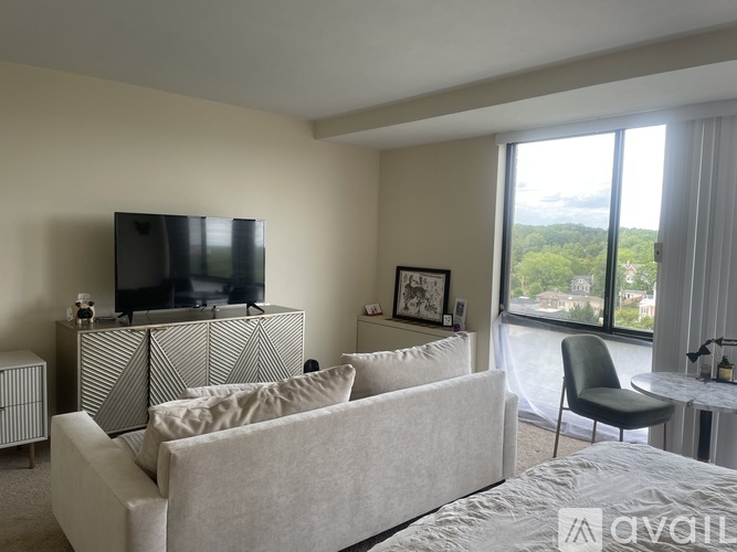A living room with a television, sofa, and chair.