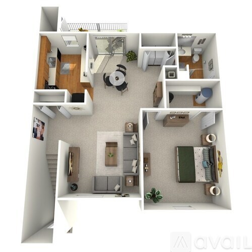 A 3D floor plan of a small apartment with a kitchen, living room, and two bedrooms.