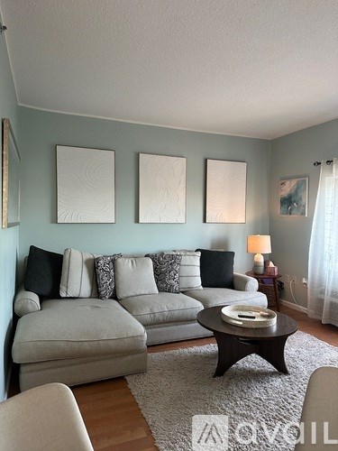 A living room with a grey couch and a coffee table.
