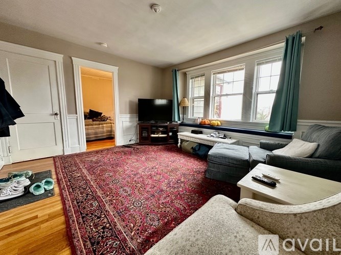 A living room with a rug, a couch, a coffee table, and a television.