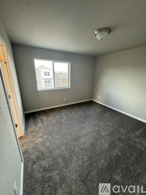 A room with a grey carpet and a window showing a building outside.