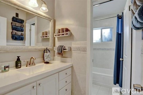 A bathroom with a white countertop and a mirror above it.