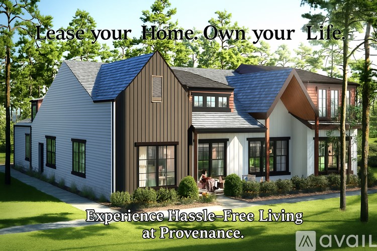 A modern house with the text "Lease your Home. Own your Life. Experience Hassle-Free Living at Provenance."