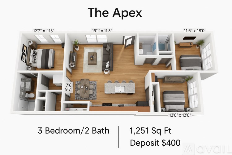 A floor plan for a property called The Apex, which includes 3 bedrooms and 2 bathrooms, is displayed.