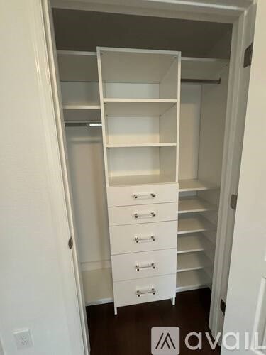 A white closet with drawers and shelves.