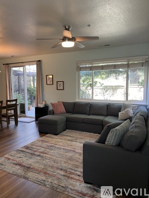 A living room with a grey couch and a rug.