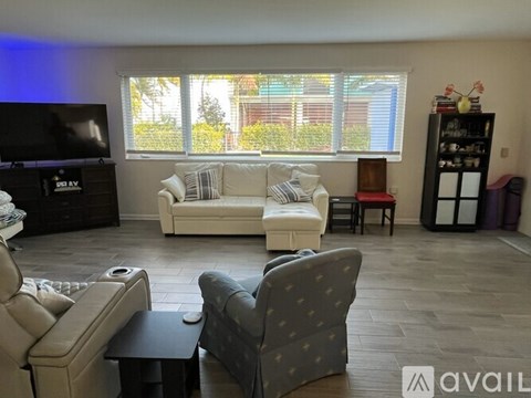 A living room with a grey couch and a television.