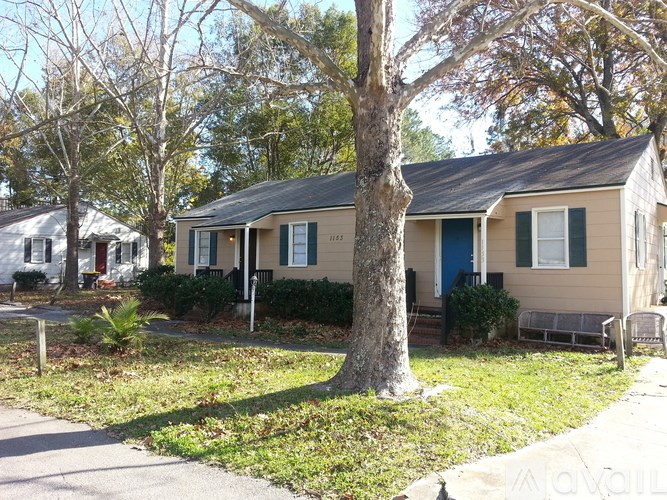 A house with a blue door and green shutters is surrounded by trees.