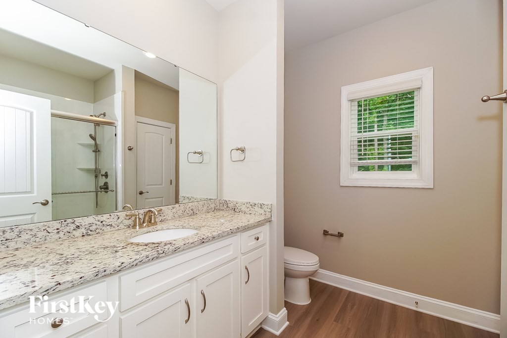 A bathroom with a marble countertop and a toilet.