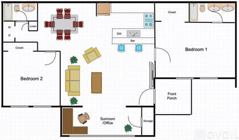 A floor plan of a house with two bedrooms, a living room, a dining room, a kitchen, a front porch, a sunroom/office, and storage.