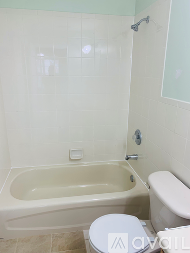 A white toilet sits next to a bathtub in a bathroom.