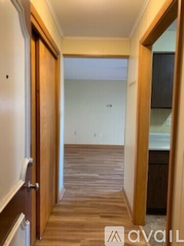 A hallway with a wooden floor and a door on the left.